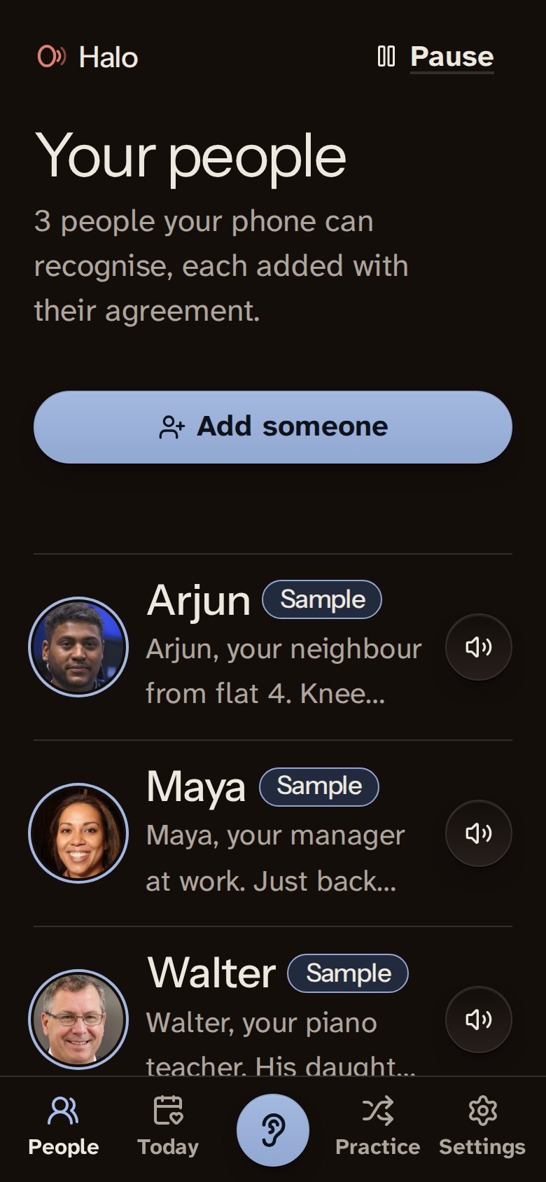 The people list with bigger text and the night theme