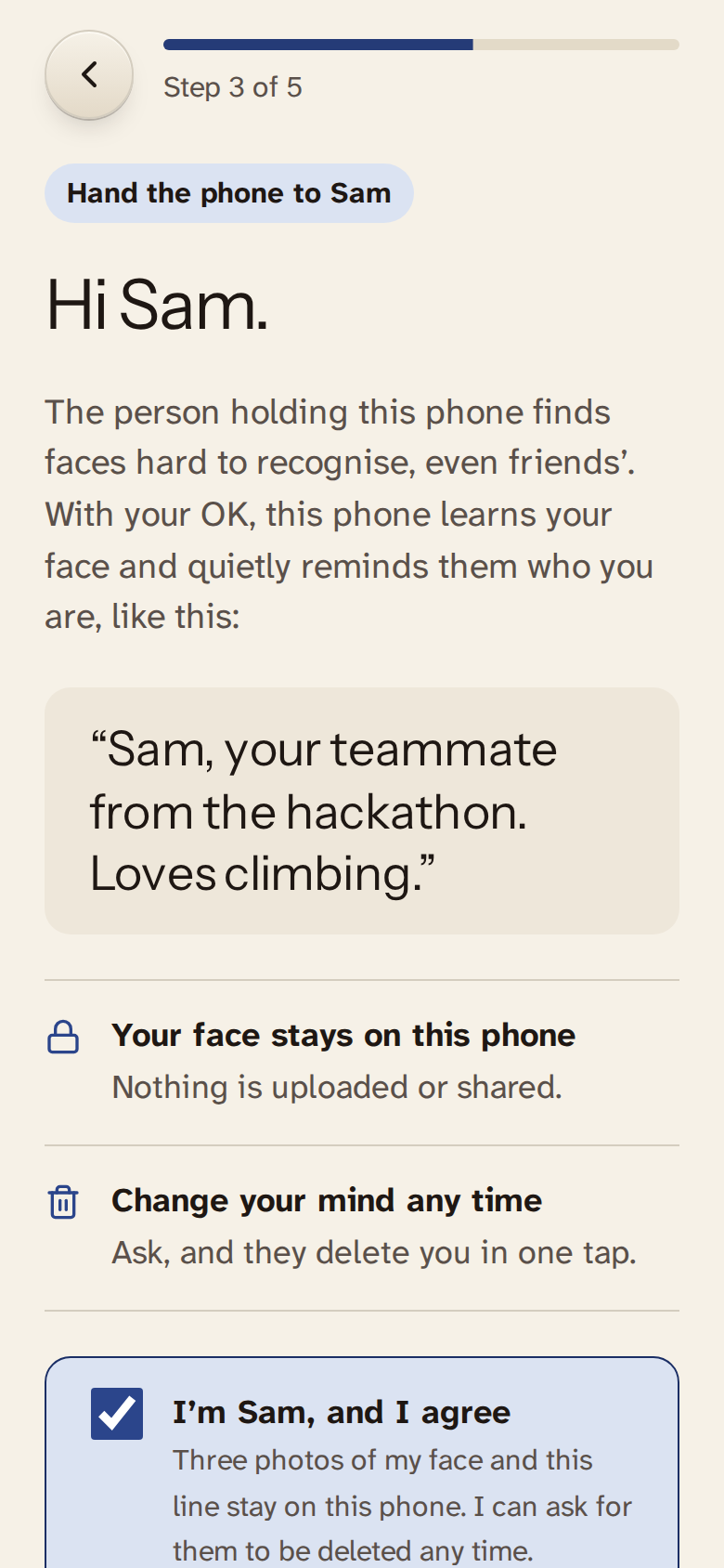 “Hi Sam.” The person being added reads the line and ticks “I’m Sam, and I agree”