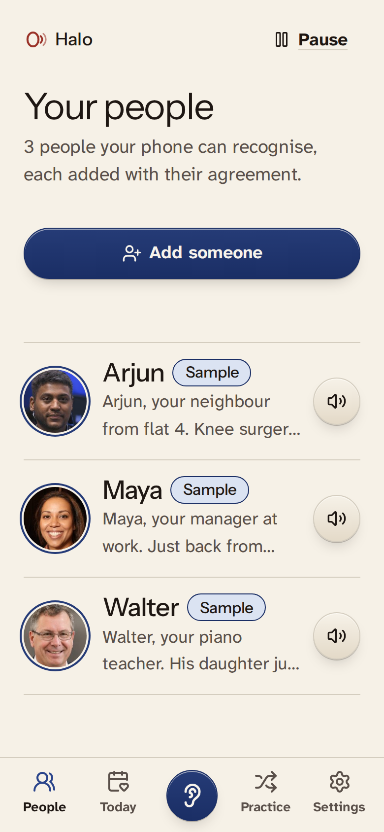 The people list with three AI-generated sample people