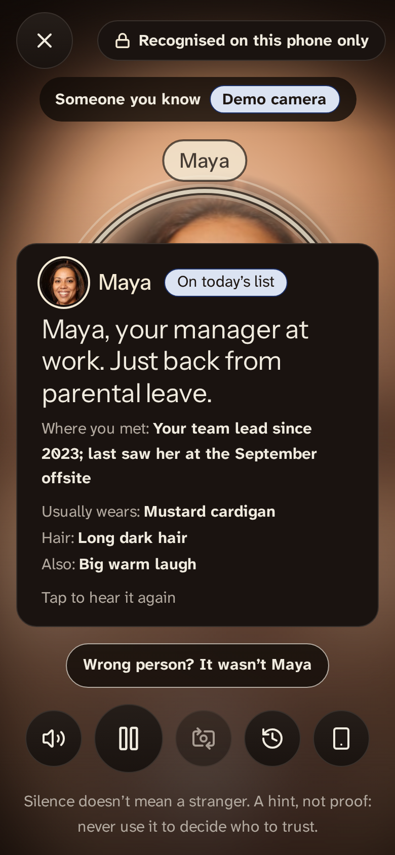 Whisper mode: a light ring around Maya’s face (an AI-generated sample face) and the caption “Maya, your manager at work. Just back from parental leave.”