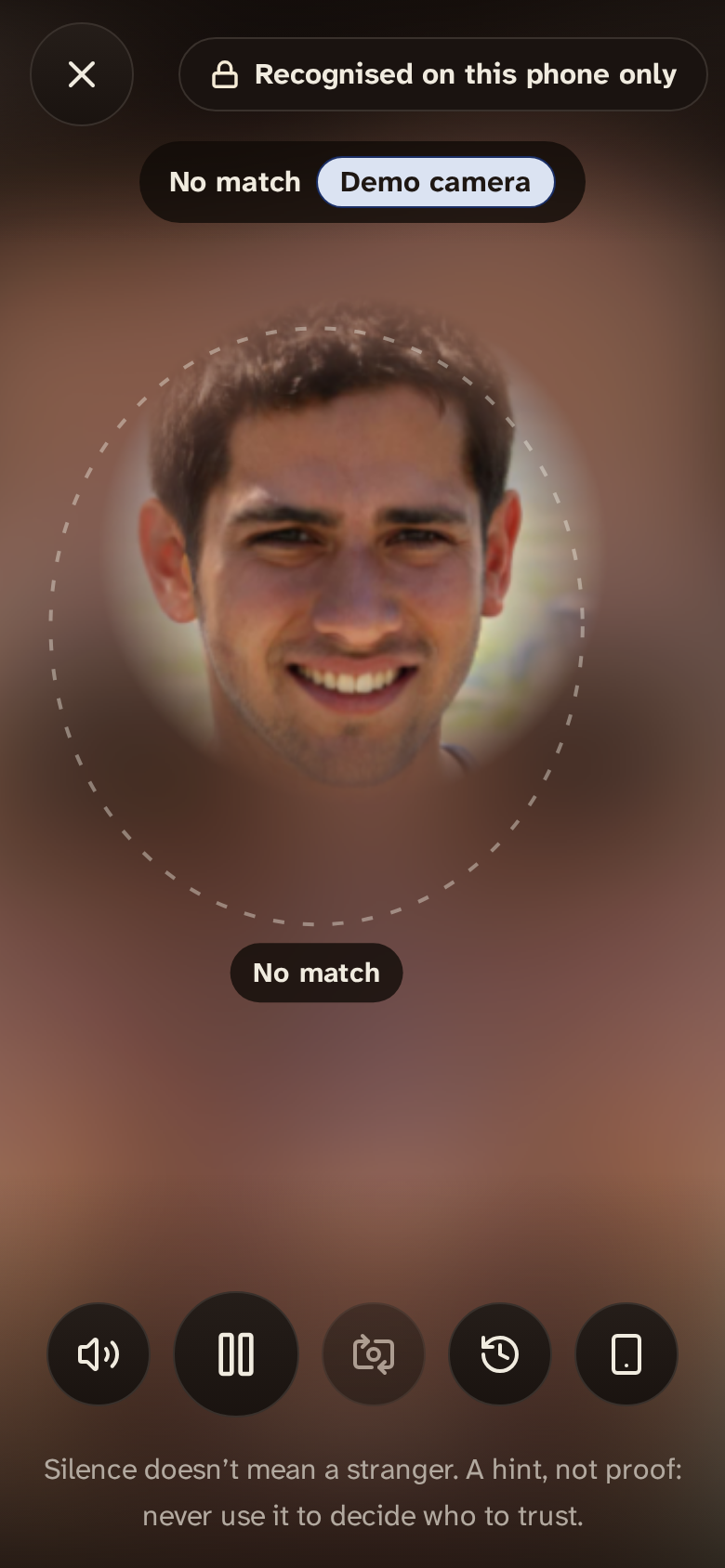 Whisper mode: a dashed outline around an AI-generated face and the label “No match”